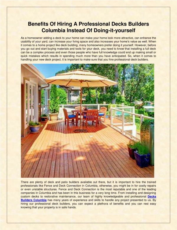 Benefits Of Hiring A Professional Decks Builders Columbia Instead Of Doing-it-yourself