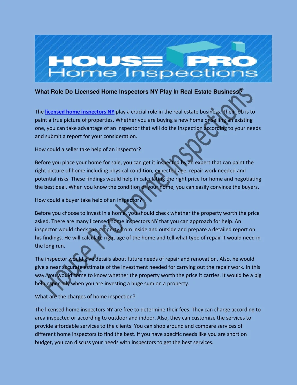 what role do licensed home inspectors ny play