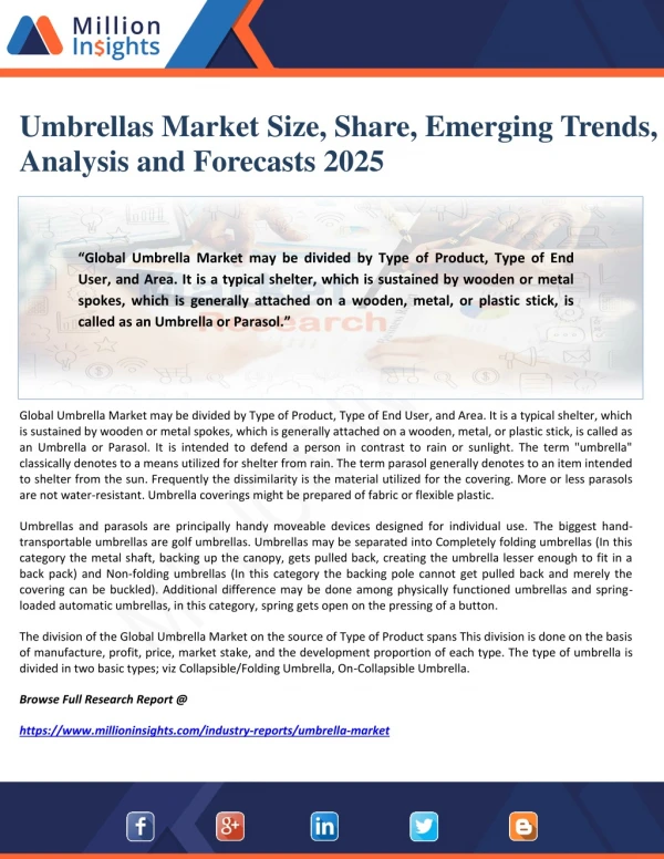 Umbrellas Market Size, Share, Emerging Trends, Analysis and Forecasts 2025