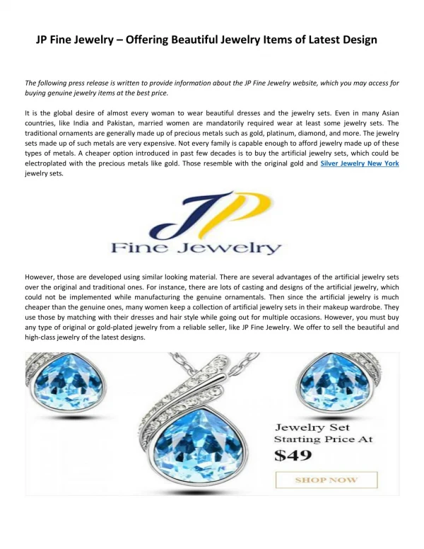 JP Fine Jewelry – Offering Beautiful Jewelry Items of Latest Design