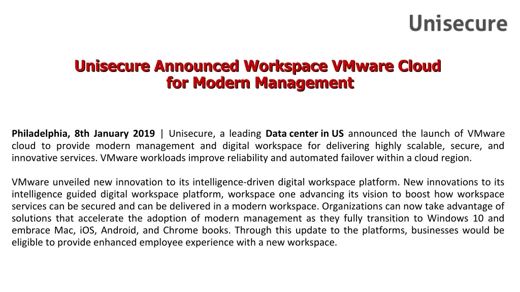 unisecure announced workspace vmware cloud