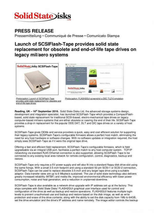 Launch of SCSIFlash-Tape Provides Solid State Replacement