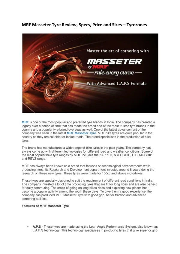MRF Masseter Tyre Review, Specs, Price and Sizes - Tyrezones