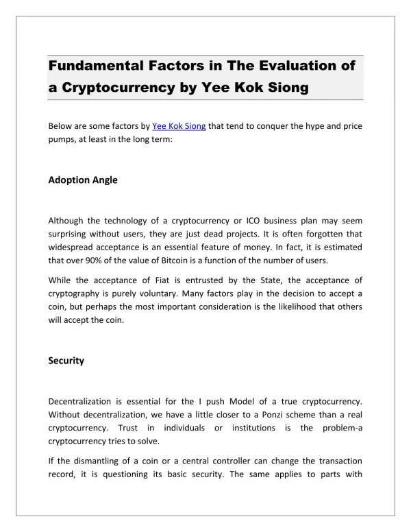 Fundamental Factors in The Evaluation of a Cryptocurrency by Yee Kok Siong