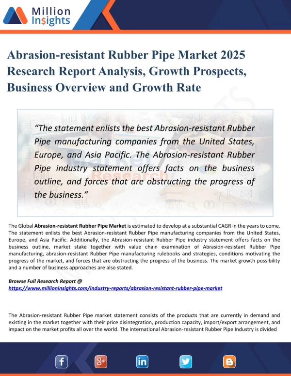 Abrasion-resistant Rubber Pipe Market - Industrial Outlook, Company Shares, Analysis, Growth, Forecast to 2025