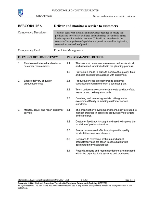 Deliver and monitor a service to customers performance standard 1