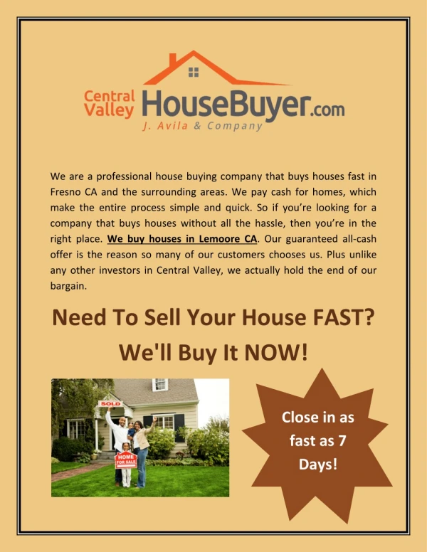 We Buy Houses in Lemoore CA - Central Valley House Buyer