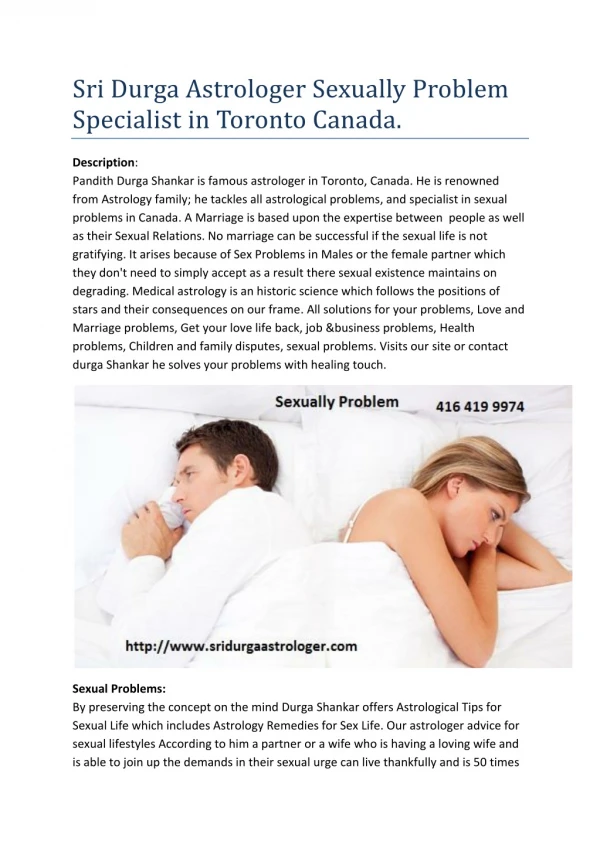 Sri Durga Astrologer Sexual Problem Specialist in Toronto Canada.