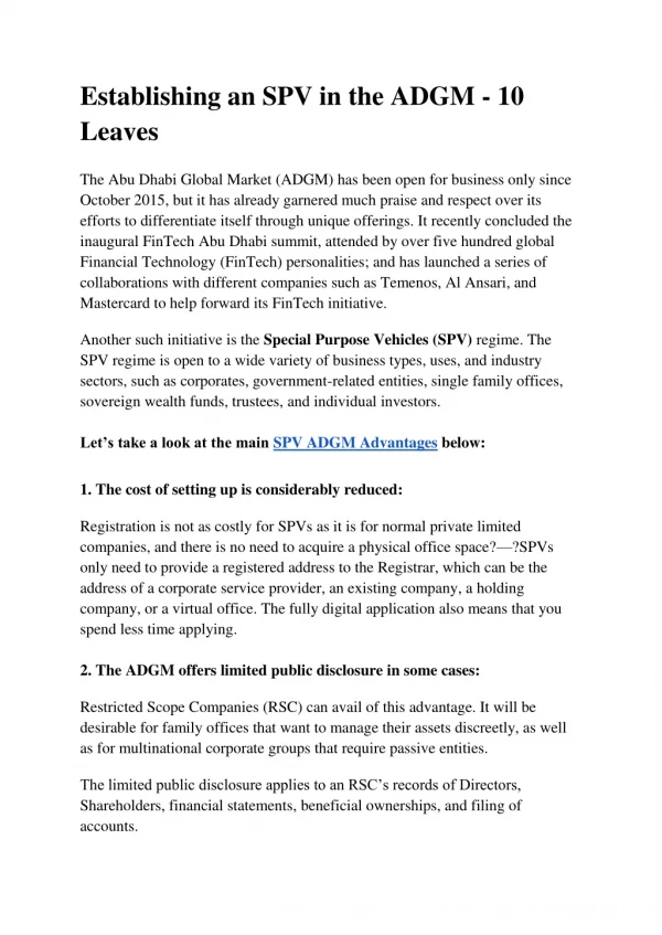 Establishing an SPV in the ADGM - 10 Leaves