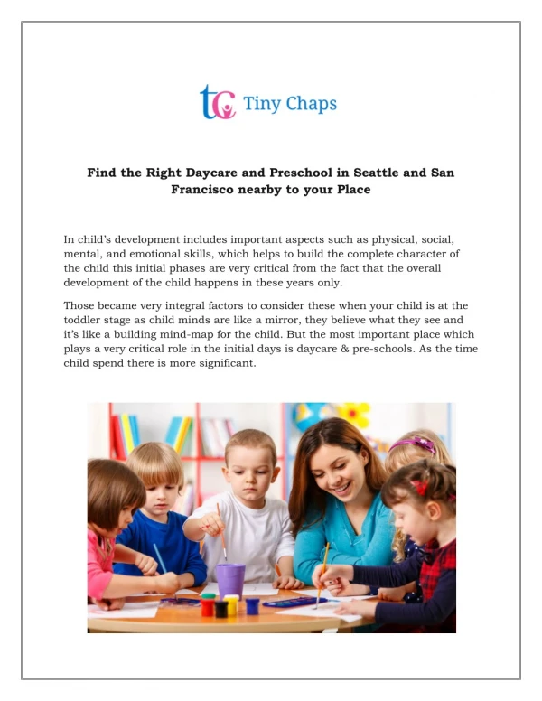 Find the Right Daycare and Preschool in Seattle and San Francisco nearby to your Place