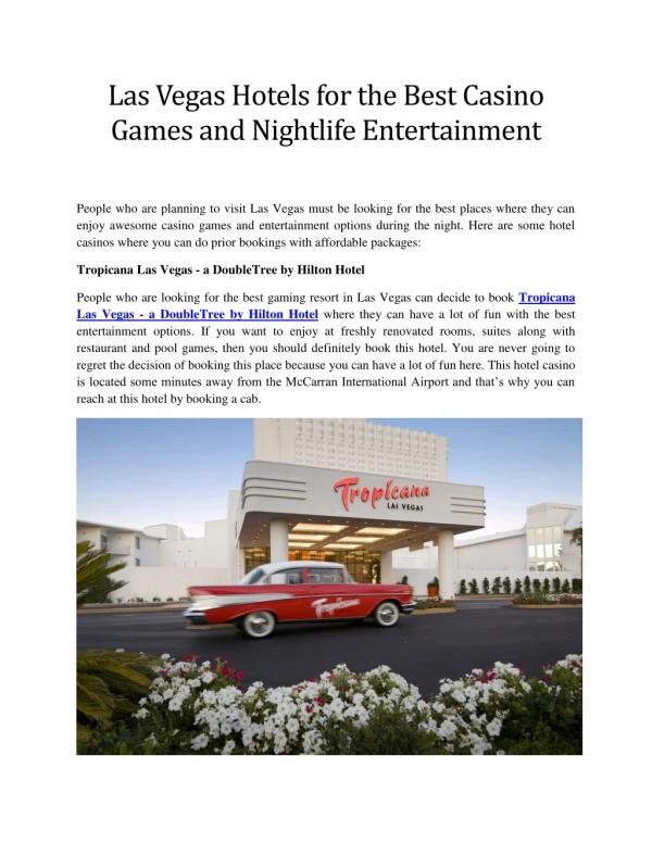 Las Vegas Hotels for the Best Casino Games and Nightlife Entertainment
