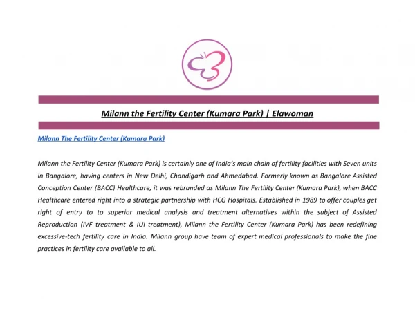 Milann the Fertility Center (Kumara Park) | Elawoman