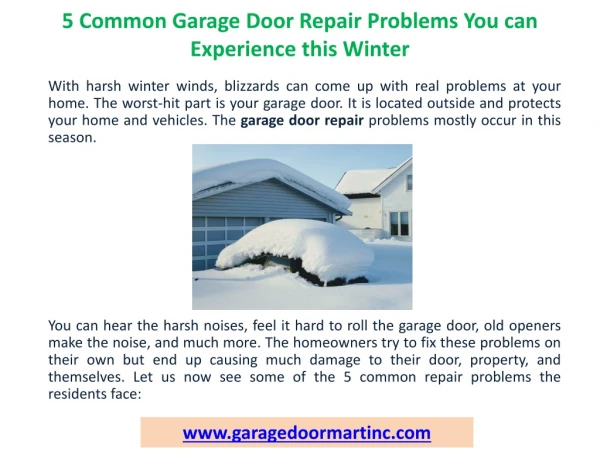 5 Common Garage Door Repair Problems You can Experience this Winter