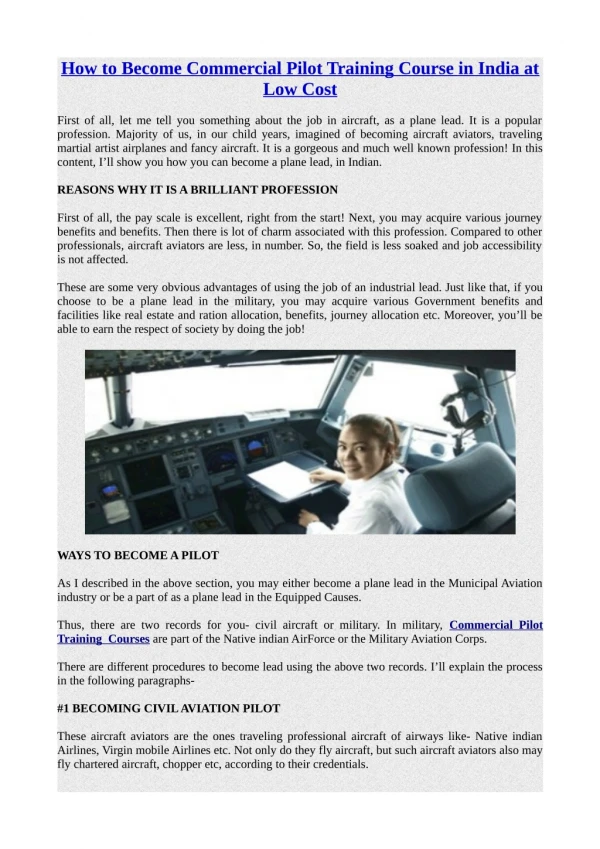 How to Become Commercial Pilot Training Course in India at Low Cost