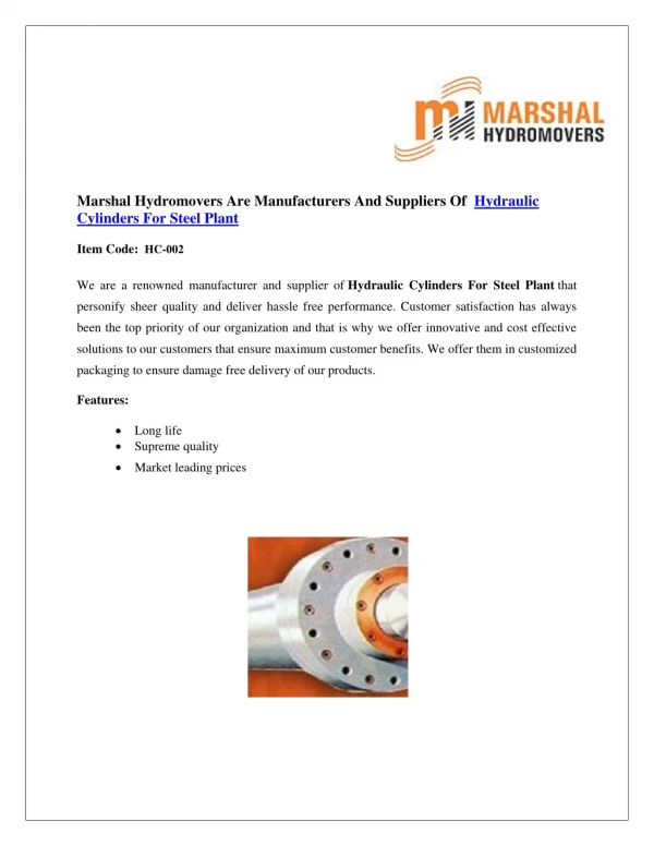 Steel Plant Cylinders | Marshal Haydromovers