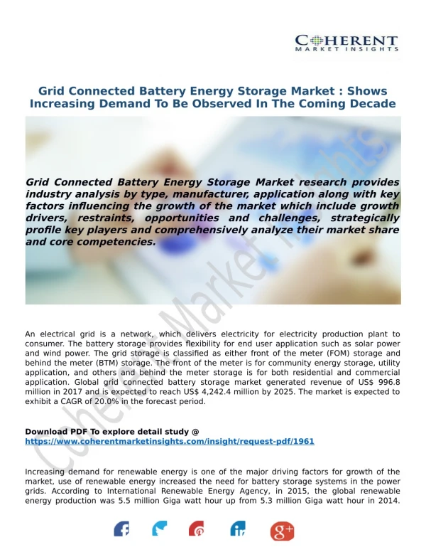 Grid Connected Battery Energy Storage Market : Shows Increasing Demand To Be Observed In The Coming Decade