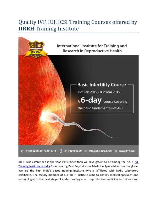 Quality IVF, IUI, ICSI Training Courses offered by IIRRH Training Institute
