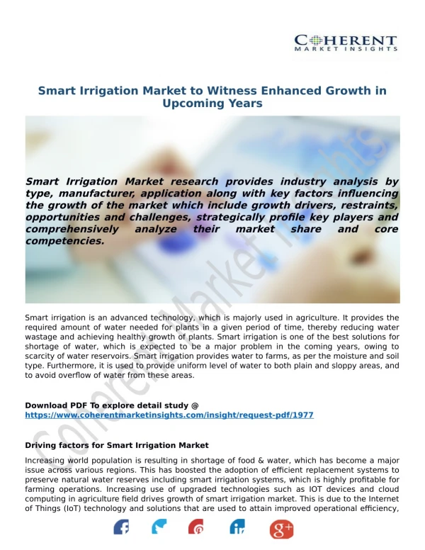 Smart Irrigation Market to Witness Enhanced Growth in Upcoming Years