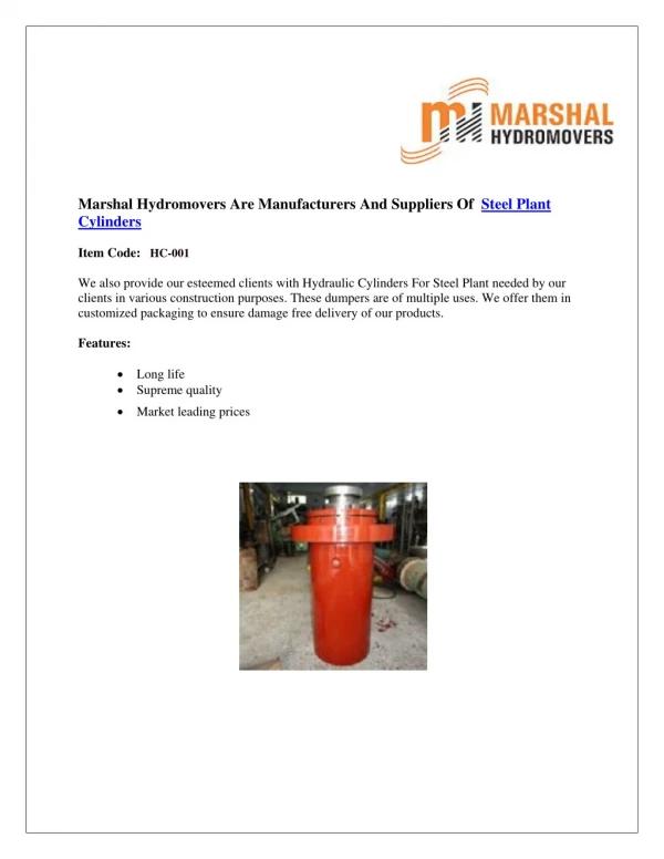 Steel Plant Cylinders | Marshal Haydromovers