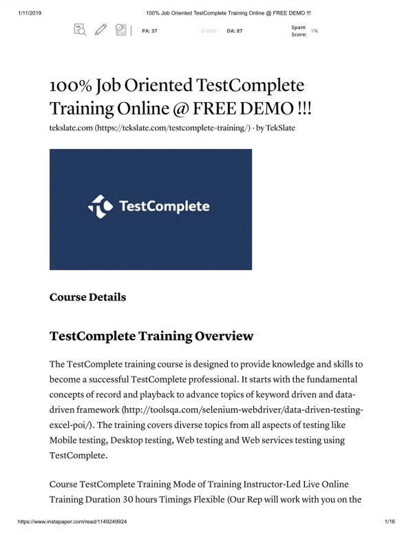 TestComplete Training in India & USA - FREE DEMO