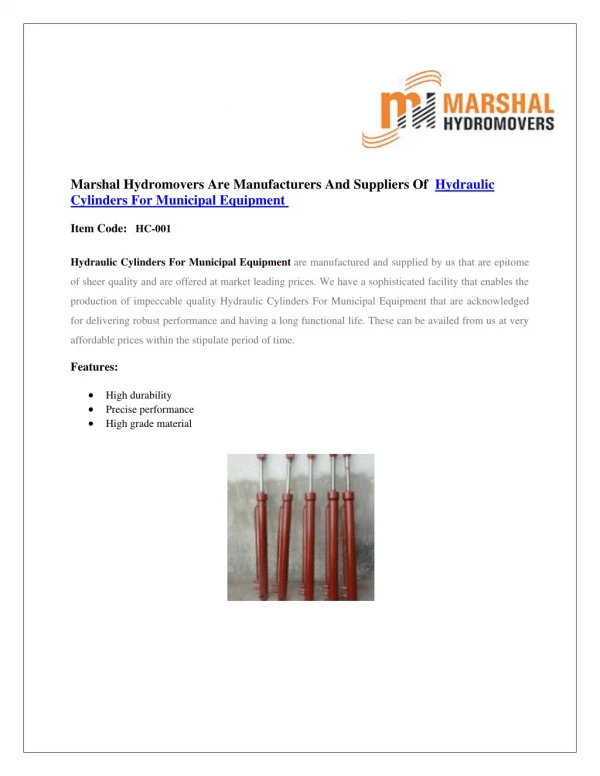 Hydraulic Cylinders for Municipal Equipment|Marshal Haydromovers