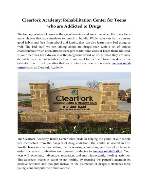 Clearfork Academy: Rehabilitation Center for Teens who are Addicted to Drugs