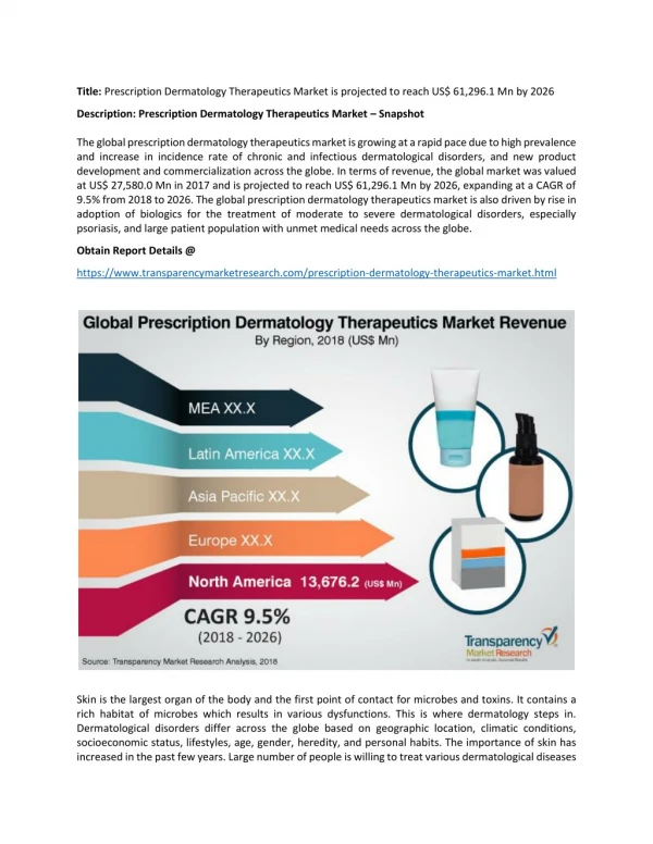 Prescription Dermatology Therapeutics Market is Projected to Reach US$ 61,296.1 Mn by 2026