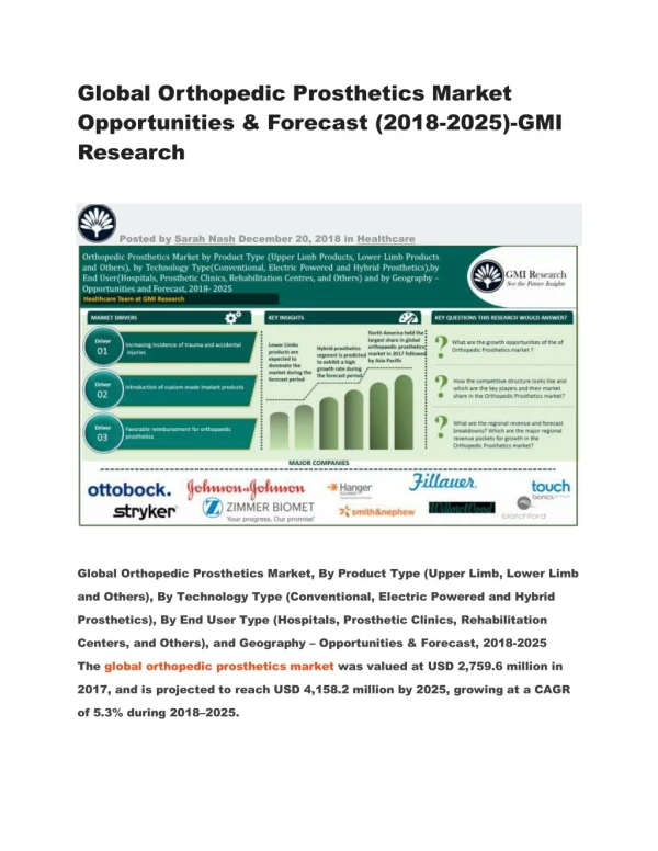 Global Orthopedic Prosthetics Market Opportunities & Forecast (2018-2025)-GMI Research