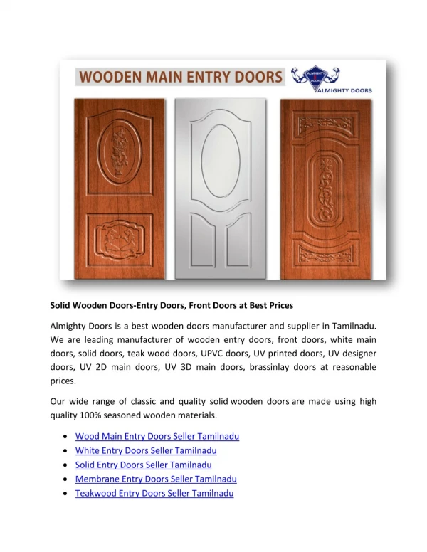 Solid Wooden Doors-Entry Doors, Front Doors at Best Prices