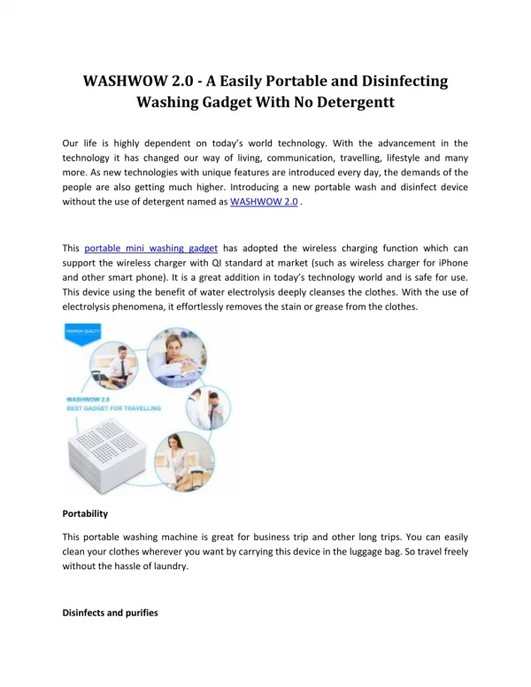WASHWOW 2.0 - A Easily Portable and Disinfecting Washing Gadget With No Detergentt