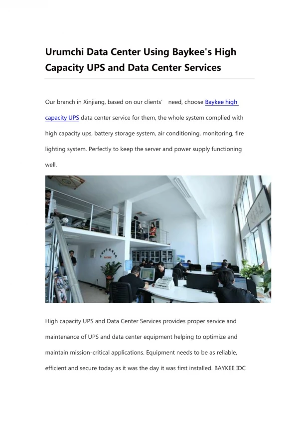 Urumchi Data Center Using Baykee's High Capacity UPS and Data Center Services