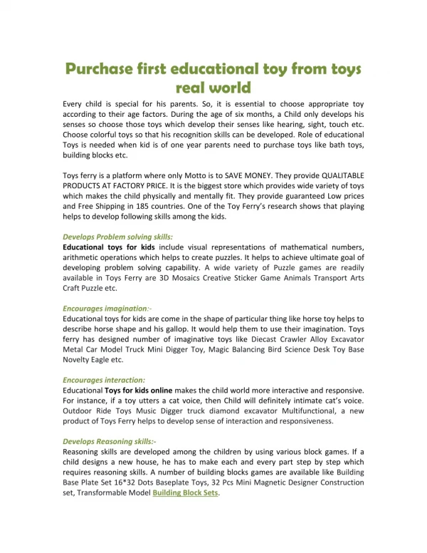 Purchase first educational toy from toys real world