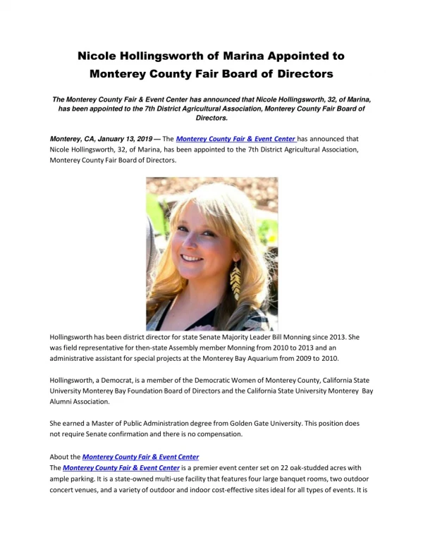 Nicole Hollingsworth of Marina Appointed to Monterey County Fair Board of Directors