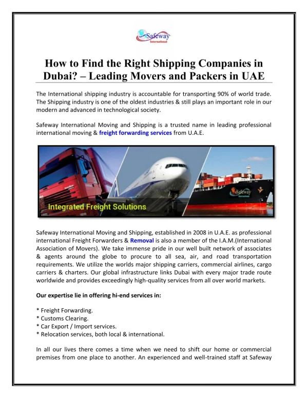 Find the Right Shipping Companies in Dubai | Safeway Intl.