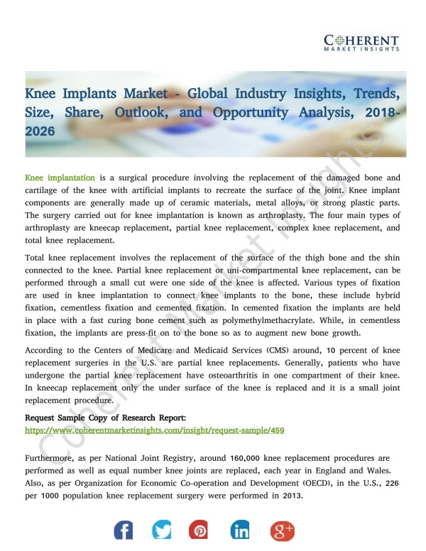 Knee Implants Market - Global Industry Insights, Trends, Size, Share, Outlook, and Opportunity Analysis, 2018-2026