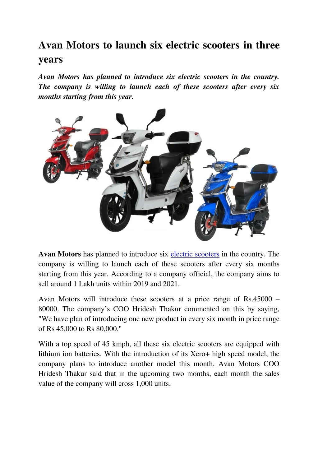 avan motors to launch six electric scooters