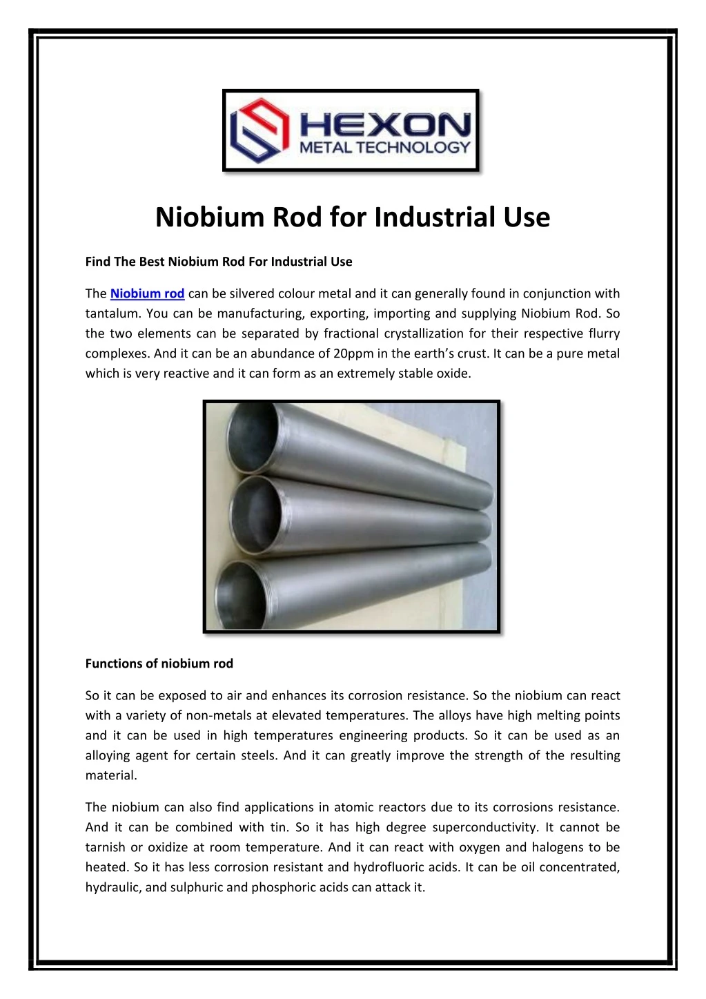 niobium rod for industrial use