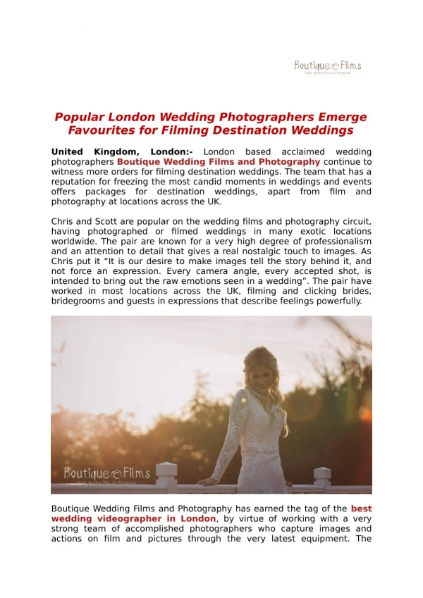 Popular London Wedding Photographers Emerge Favourites for Filming Destination Weddings