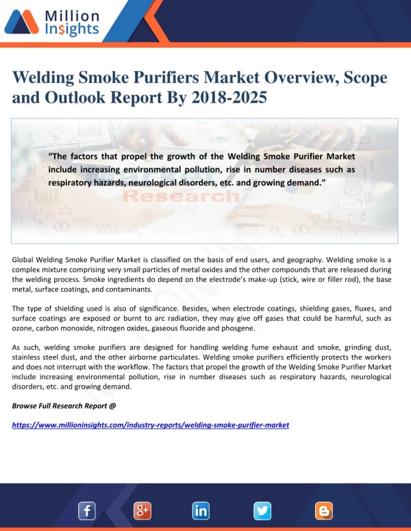 Welding Smoke Purifiers Market Overview, Scope and Outlook Report By 2018-2025