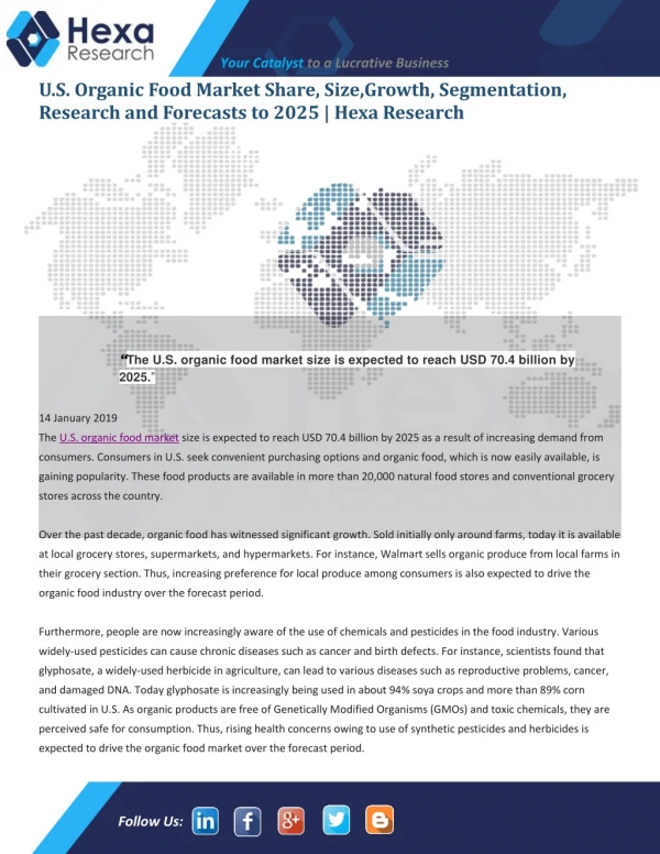 U.S. Organic Food Market 2015-2025: Historical Analysis, Opportunities And Strong Growth In Future