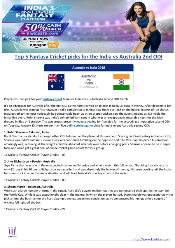 Top 5 Fantasy Cricket picks for the India vs Australia 2nd ODI