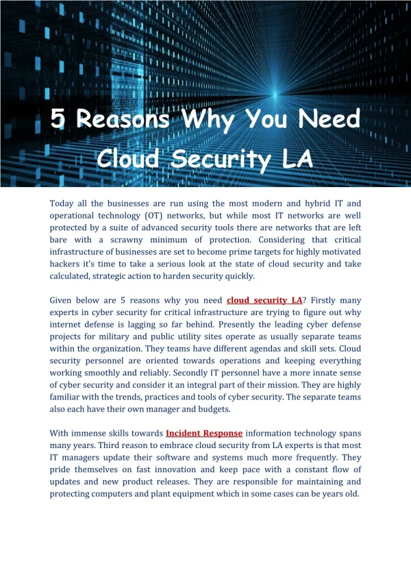 5 Reasons Why You Need Cloud Security LA
