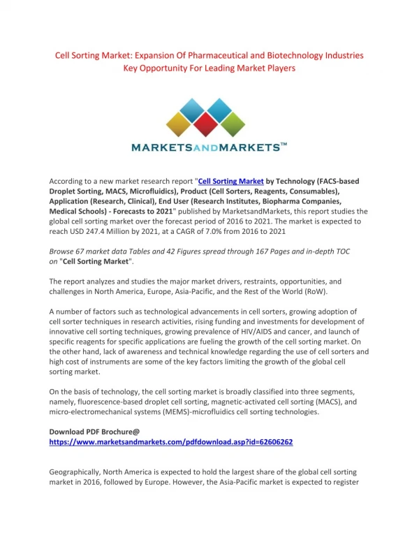 Cell Sorting Market: Expansion Of Pharmaceutical and Biotechnology Industries Key Opportunity For Leading Market Players
