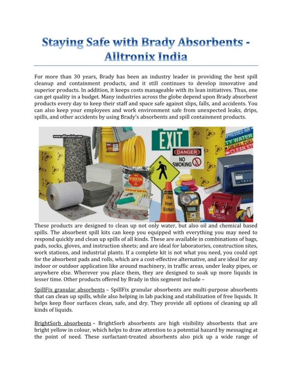 Staying Safe With Brady Absorbents - Alltronix India