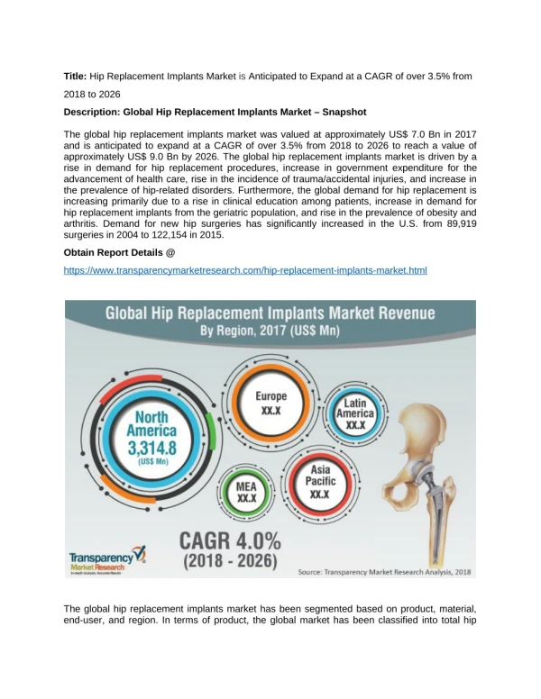 Hip Replacement Implants Market is anticipated to expand at a CAGR of over 3.5% from 2018 to 2026
