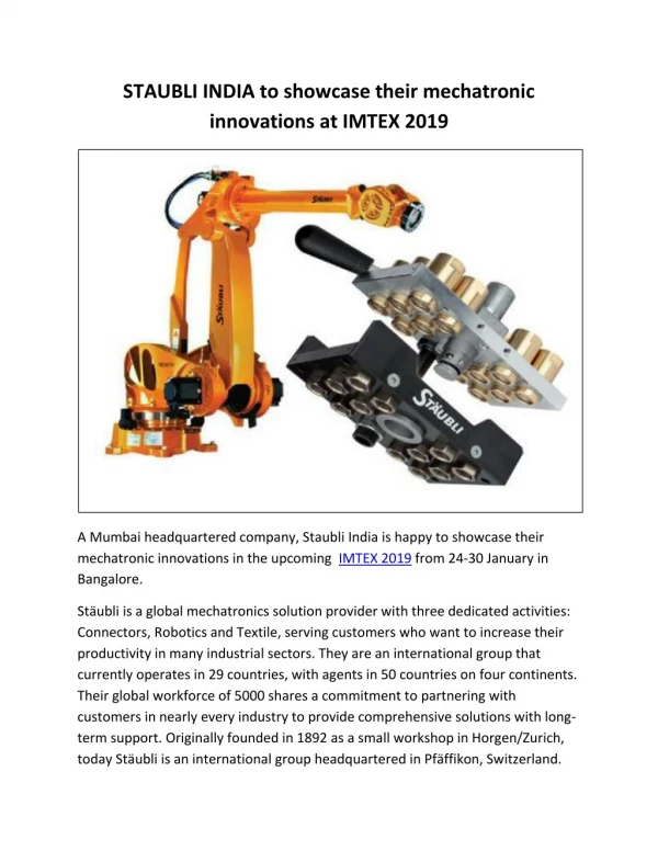 STAUBLI INDIA to showcase their mechatronic innovations at IMTEX 2019