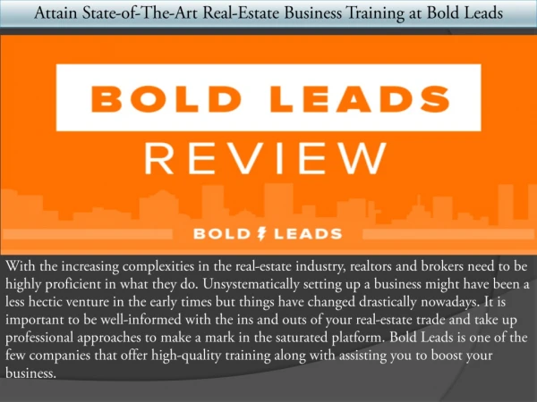 Attain State-of-The-Art Real-Estate Business Training at Bold Leads