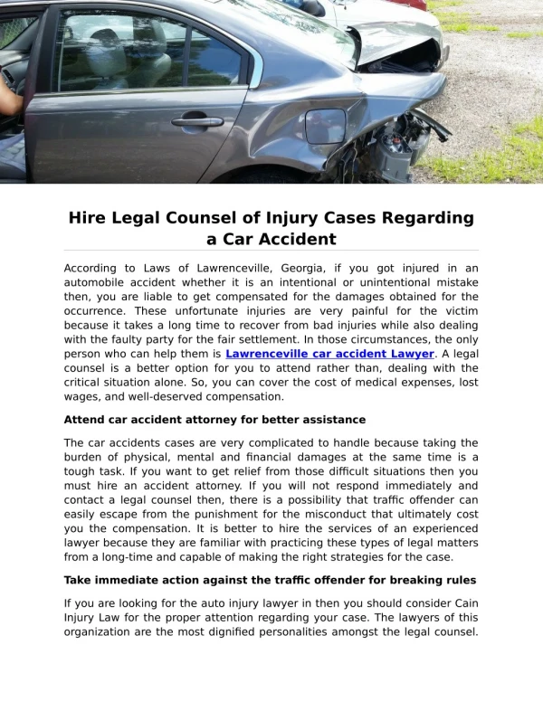 Hire Legal Counsel of Injury Cases Regarding a Car Accident