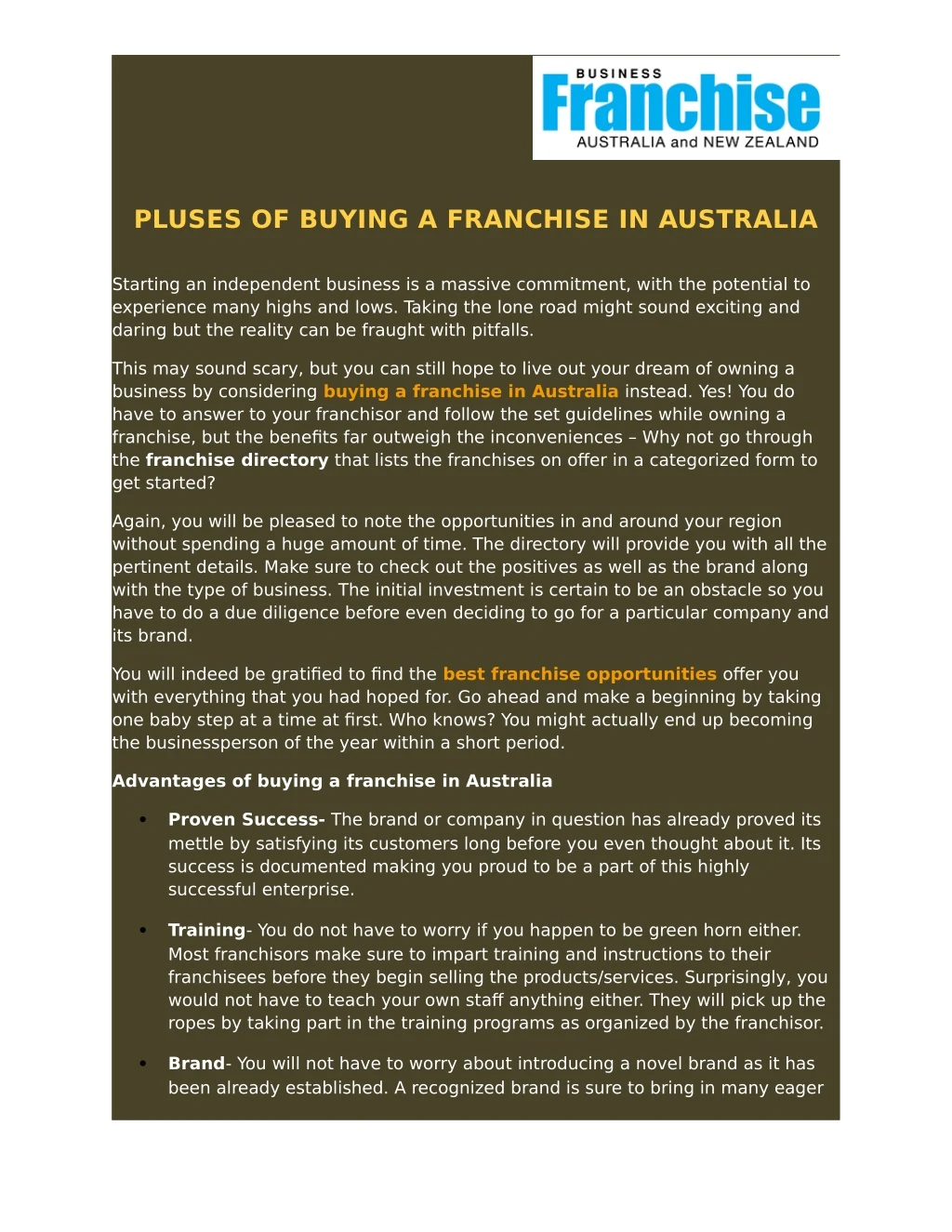 pluses of buying a franchise in australia