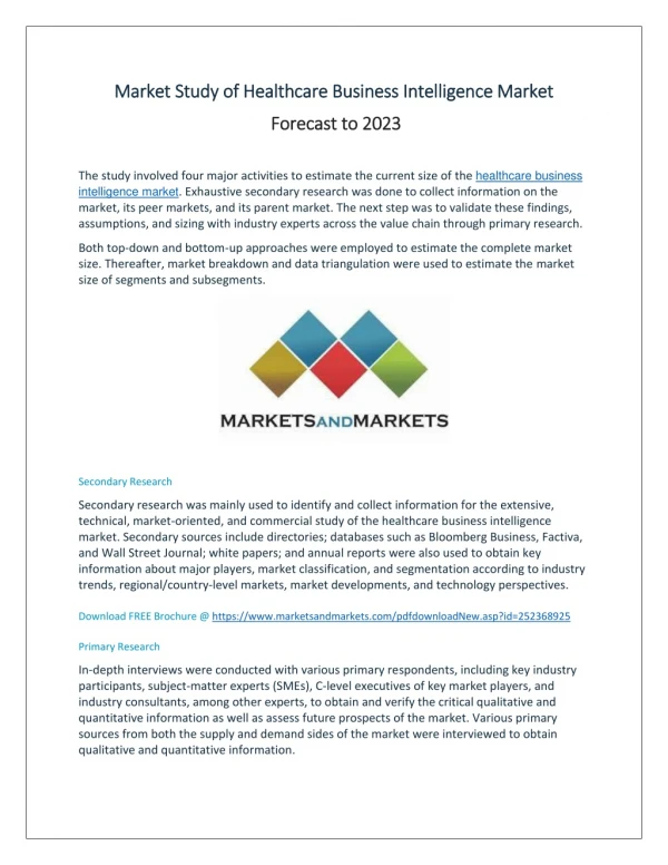 Market Study of Healthcare Business Intelligence Market Forecast to 2023